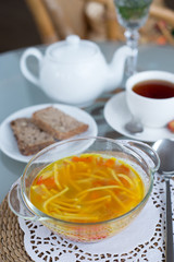 decorated table, a business lunch, hot soup, a cup of tea, Vegetarian