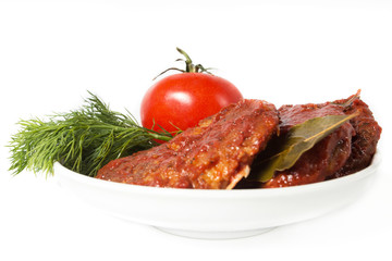 cutlet with tomato and dill, studio photo on a white background