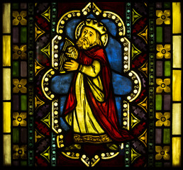 Fototapeta premium bright colorful stained glass, scenes from the life of Jesus, images of the apostles, saints and the figures from the Old Testament., Exposure stained glass, The Castle Museum in Malbork 24 May 2014