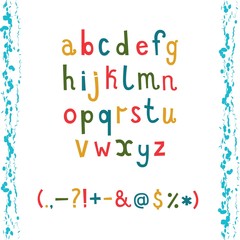 Colorful hand drawn doodle alphabet with lower case letters and punctuation marks. Vector set.