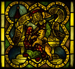 bright colorful stained glass, scenes from the life of Jesus, images of the apostles, saints and the figures from the Old Testament., Exposure stained glass, The Castle Museum in Malbork 24 May 2014