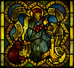 Obraz premium bright colorful stained glass, scenes from the life of Jesus, images of the apostles, saints and the figures from the Old Testament., Exposure stained glass, The Castle Museum in Malbork 24 May 2014