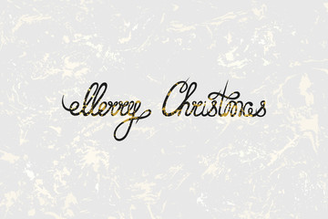 Merry Christmas. Hand lettering on a black shiny golden texture. Grunge. Greeting, invitation card, banner, label. Vector illustration.