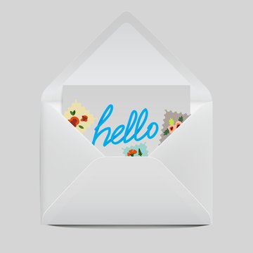 Realistic message icon with envelope, postal marks with flowers and hello greeting card