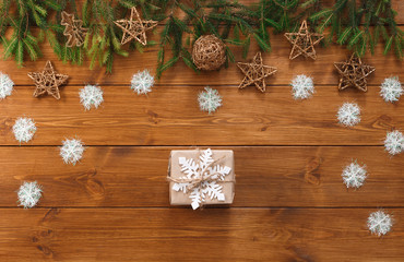 Christmas decoration, gift box and garland frame background