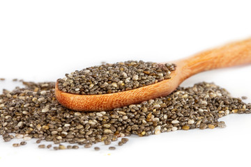 Close up chia seeds in wooden spoon on white background