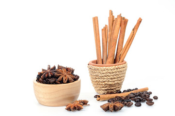 Chinese star aniseed Cinnamon and Coffee seeds on white backgrou