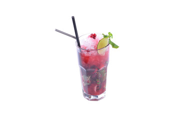 Drink with raspberries and strawberries with ice in a glass with a straw Stakna