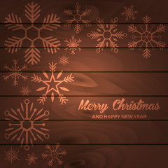 Merry Christmas and Happy New Year wood background with snowflakes. Vector illustration.