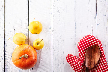 Pumpkin on Wooden Background Top View