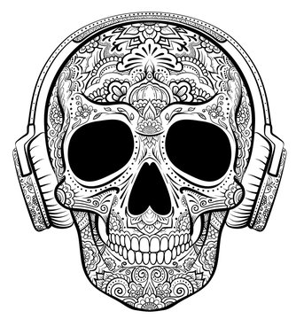 Vector skull graphics with floral ornaments and earphones