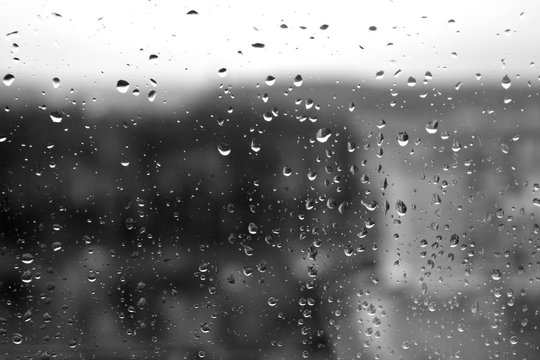 Rain Drops On Window Closeup In Black And White