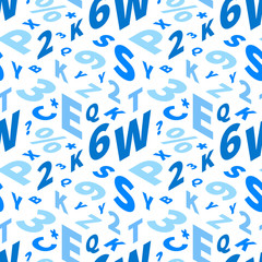 Blue letters in isometric projection on white, seamless pattern