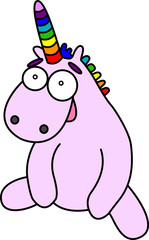 Pink cartoon unicorn seat. Rainbow horn and mane. Vector image