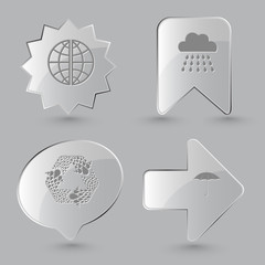 4 images: globe, rain, recycle symbol, umbrella. Weather set. Gl