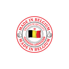 Made in Belgium, Premium Quality - grunge label with national flag colors. Print colors used.