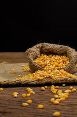 Dried corn in sackbag on wooden table