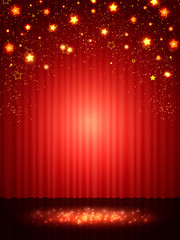 Background with red curtain and stars