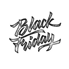 Black Friday Sale handmade lettering, calligraphy with film grain, noise, dotwork, grunge texture and light background for logo, banners, labels, badges, prints, posters, web. Vector illustration.