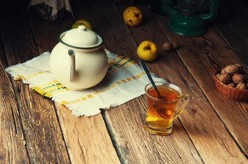 Hot tea for autumn. Old rustic kitchen