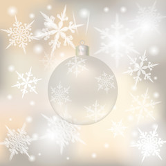 Christmas, New Year festive background for greeting cards. Silver ball with senezhinkami illustrations
