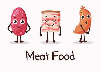 Cartoon meat food characters with smiley faces