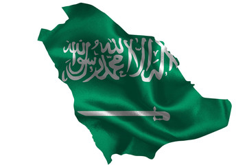Map of Saudi Arabia with national flag on fabric surface.