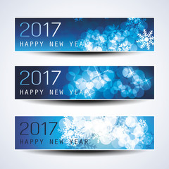 Set of Blue Sparkling Horizontal Christmas, New Year Banners - 2017