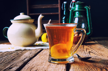 Hot tea for autumn. Old rustic kitchen