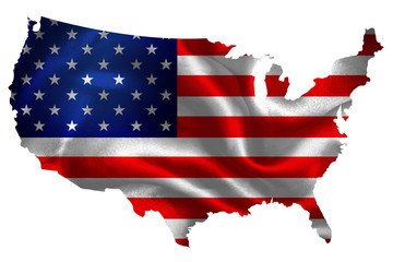 Map of USA with national flag on fabric surface.