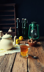 Hot tea for autumn. Old rustic kitchen