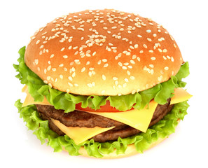 Big hamburger on white background - obrazy, fototapety, plakaty