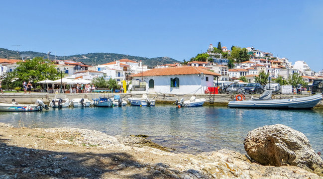 Beautiful view, Skyathos seaside town, island, panorama with white houses, Greece