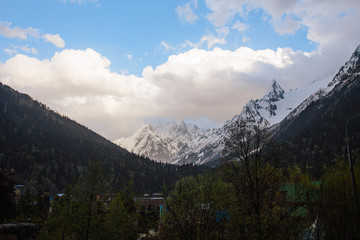 Obraz premium Snow-covered mountain against the blue sky. The silhouettes of the trees in the foreground.Dombay