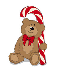 Cartoon teddy bear with big candy. Vector illustration.