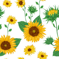 Naklejka premium Seamless pattern with sunflowers. Collection decorative floral design elements. Flowers, buds and leaf. Isolated elements. Vintage hand drawn vector illustration in watercolor style.