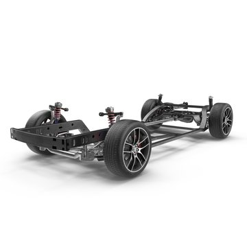 Car chassis without engine on white. 3D illustration