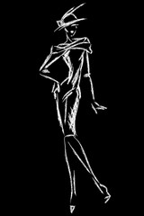 Obraz na płótnie Canvas Black and white retro fashion woman model. Hand drawn vector