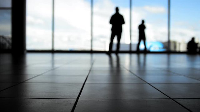 Passengers going to boarding with baggage in front of window in airport, silhouette