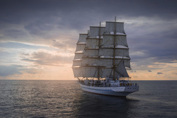 Fototapeta na wymiar Ancient sailing ship in the sea