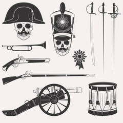 Set of vintage Napoleon Empire French Russian war uniform, equipment, weapons, horn, drum, cannon, sword, rapier, medal, skull in hats isolated on white background - obrazy, fototapety, plakaty