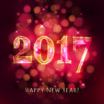 Happy new year 2017 with bokeh on dark pink color background. Ve