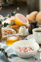 Breakfast with cottage cheese (curd) and coffee
