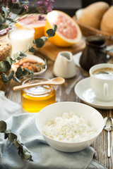 Breakfast with cottage cheese (curd) and coffee