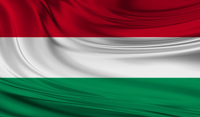 National waving flag of Hungary on a silk drape