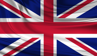 National waving flag of UK flag of the United Kingdom aka Union Jack on a silk drape