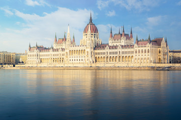 Fototapeta na wymiar Hungarian Parliament Building - Budapest , Hungary in March 2016 : built in 1904 Gothic Revival style, ,highlight of Budapest