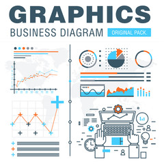 Business graphics of modern office industry. Thin line diagram concept. Statistic creative and infographics finance elements. Slim vector stroke pictogram for web design.