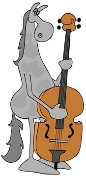 Illustration of a gray horse playing a double bass violin.