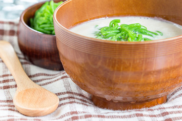 Lod Chong Dessert in Coconut Milk ,Traditional thai dessert rice noodles that eaten with coconut milk